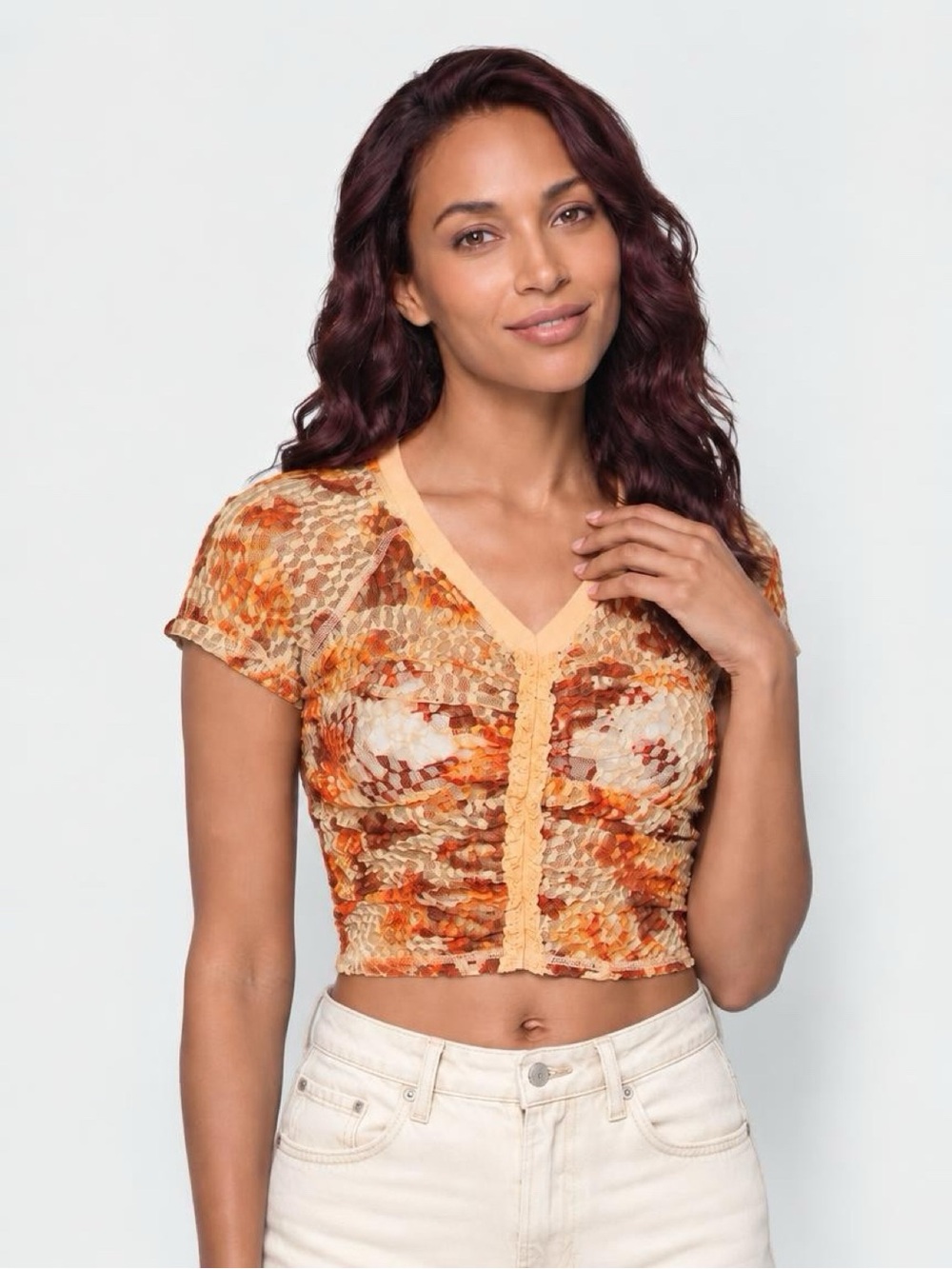 Free People Orange Floral Ruched Mesh Crop Top